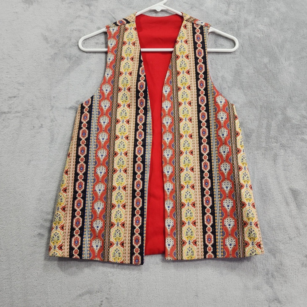 Vintage Vest Womens M Red Boho Striped Tapestry Open Front Lined Casual Party